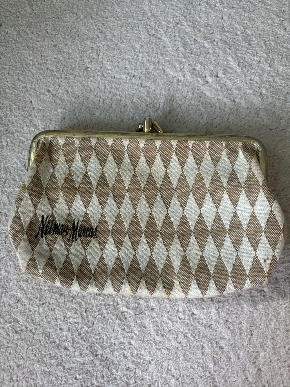 Vintage Neiman Marcus Beige & Cream Diamond Jacquard Cosmetic Clutch